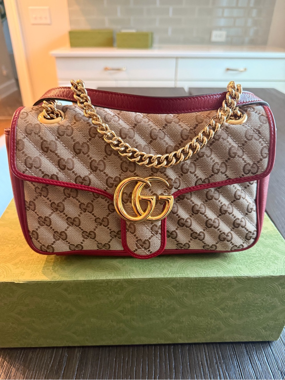 Gucci Small GG Marmont Shoulder Bag Canvas Red Trim (Box Included)